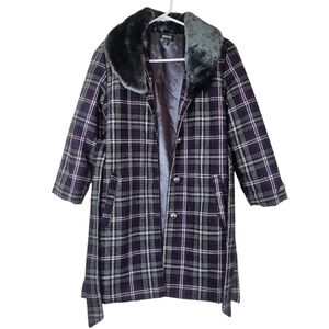 Kenneth Cole Reaction Faux Fur Collar Plaid Winter Coat Purple Gray Size M